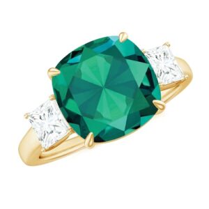 rosec jewels lab grown emerald 10mm cushion cut engagement ring with moissanite, aaaa quality, past present future ring, 14k yellow gold, size:us 7.50