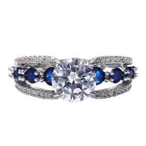 Fashion Jewelry Women's 925 Silver Plated Ring Round Cut Sapphire Blue CZ Crystal Ring Engagement Party Band Rings Size 6-10