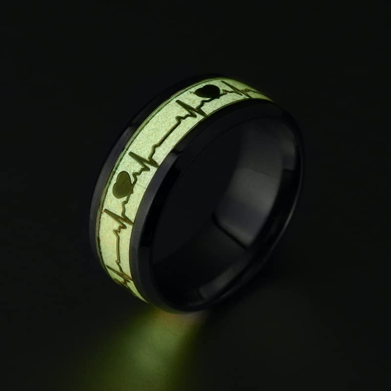 Narica Men's Women's Stainless Steel Dark Luminous Glowing ECG Heartbeat Black Band 8mm Width Engagement Promise Wedding Ring Glow in The Dark 10#