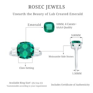 Rosec Jewels Lab Grown Emerald 10mm Cushion Cut Engagement Ring with Moissanite, AAAA Quality, Past Present Future Ring, 14K Yellow Gold, Size:US 7.50