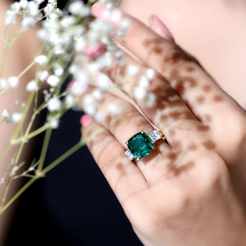 Rosec Jewels Lab Grown Emerald 10mm Cushion Cut Engagement Ring with Moissanite, AAAA Quality, Past Present Future Ring, 14K Yellow Gold, Size:US 7.50