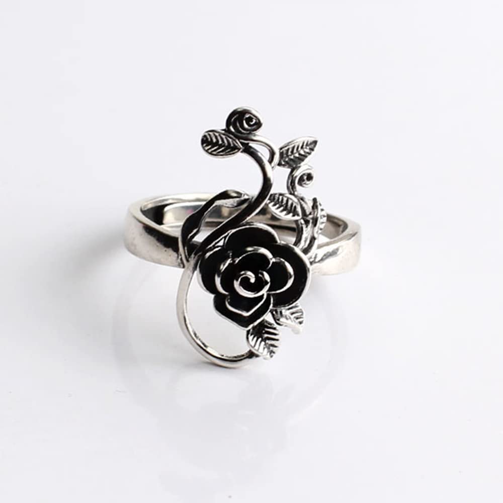 Black Rose Flower Stacking Rings for Women Men Dainty 925 Sterling Silver Plated Ring Delicate Open Adjustable Everyday Ring Charm Personalized Jewelry Vintage Elegant Statement Valentine's Day Birthday Fashion Gifts for Her