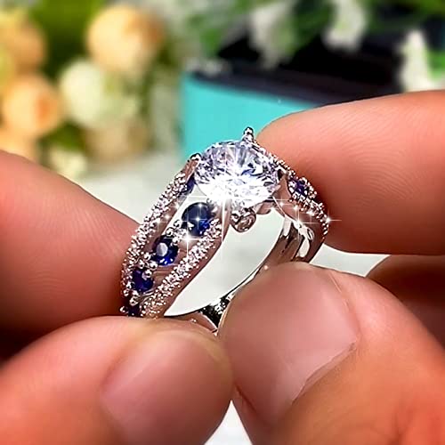 Fashion Jewelry Women's 925 Silver Plated Ring Round Cut Sapphire Blue CZ Crystal Ring Engagement Party Band Rings Size 6-10