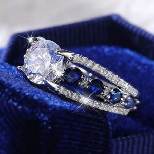 Fashion Jewelry Women's 925 Silver Plated Ring Round Cut Sapphire Blue CZ Crystal Ring Engagement Party Band Rings Size 6-10