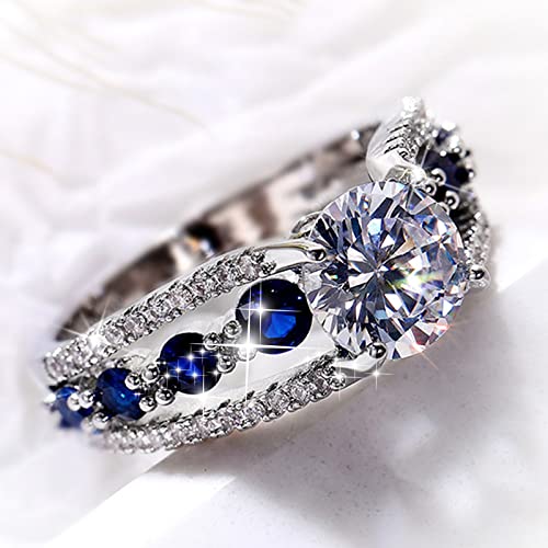 Fashion Jewelry Women's 925 Silver Plated Ring Round Cut Sapphire Blue CZ Crystal Ring Engagement Party Band Rings Size 6-10