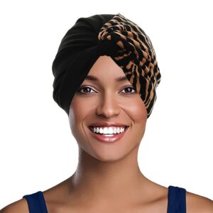 Urieo 2 pieces Leopard Print Headwrap African Knot Head Wrap Pre-tied Turban Bonnet for Women Black