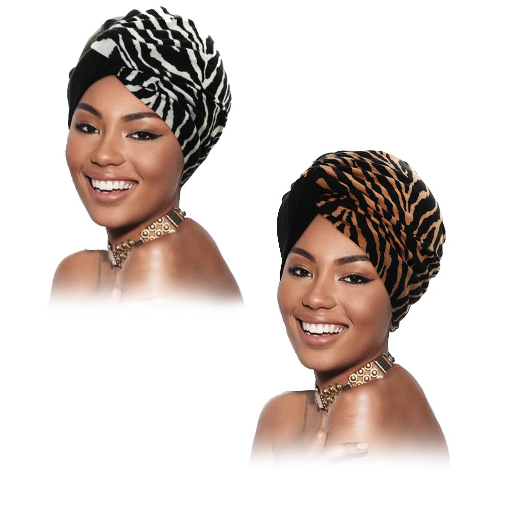 Urieo 2 pieces Leopard Print Headwrap African Knot Head Wrap Pre-tied Turban Bonnet for Women Black