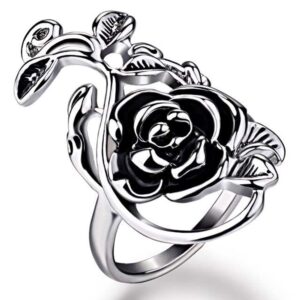 Black Rose Flower Stacking Rings for Women Men Dainty 925 Sterling Silver Plated Ring Delicate Open Adjustable Everyday Ring Charm Personalized Jewelry Vintage Elegant Statement Valentine's Day Birthday Fashion Gifts for Her