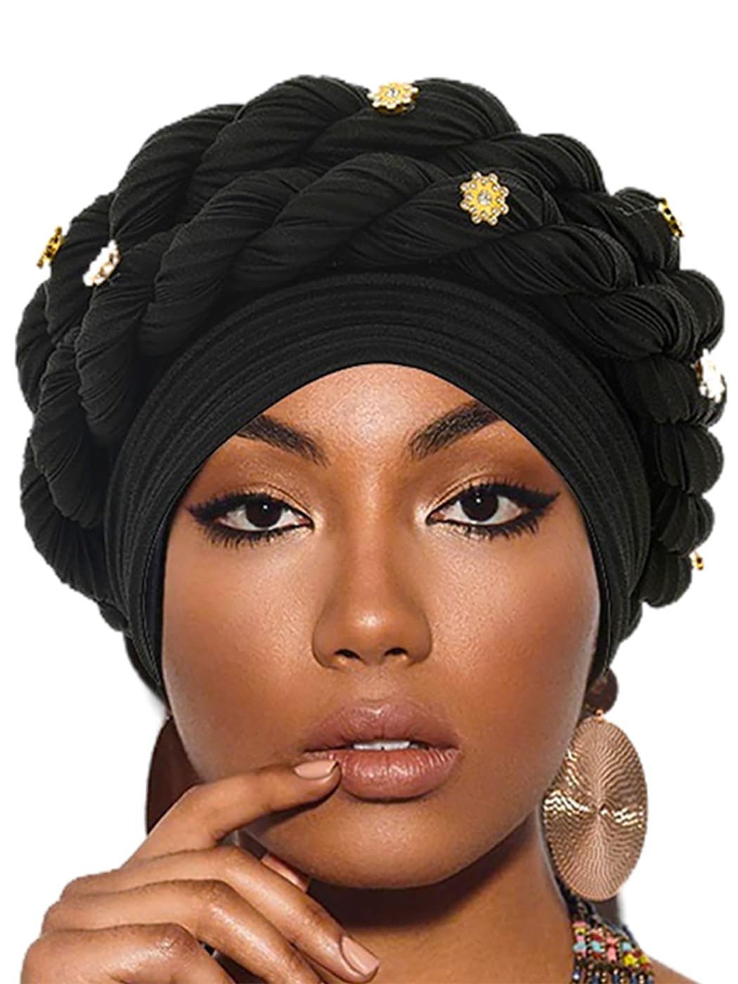 Urieo African Turban Head Warp Twisted Braid Headwarp Soft Pre-Tied Head Cover Flower Headscarf for Women