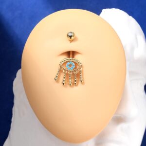 COCHARM Evil Eye Belly Button Rings Dangling 18K Gold Plated Belly Rings for Women 14g Dangle Belly Button Piercing Gold Turquoise Eye Belly Button Jewelry Cute Navel Rings