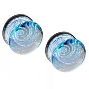 Pierced Owl Blue Galaxy Sparkle Swirl Design Glass Double Flared Plugs, Sold As Pair (11mm (7/16"))