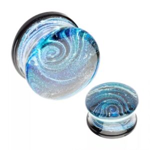 Pierced Owl Blue Galaxy Sparkle Swirl Design Glass Double Flared Plugs, Sold As Pair (11mm (7/16"))