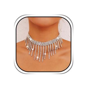 Sixexey Rhinestone Choker Necklaces Silver Neck Chain Sparkly Tassel Necklace Dainty Party Prom Necklace Jewelry for Women