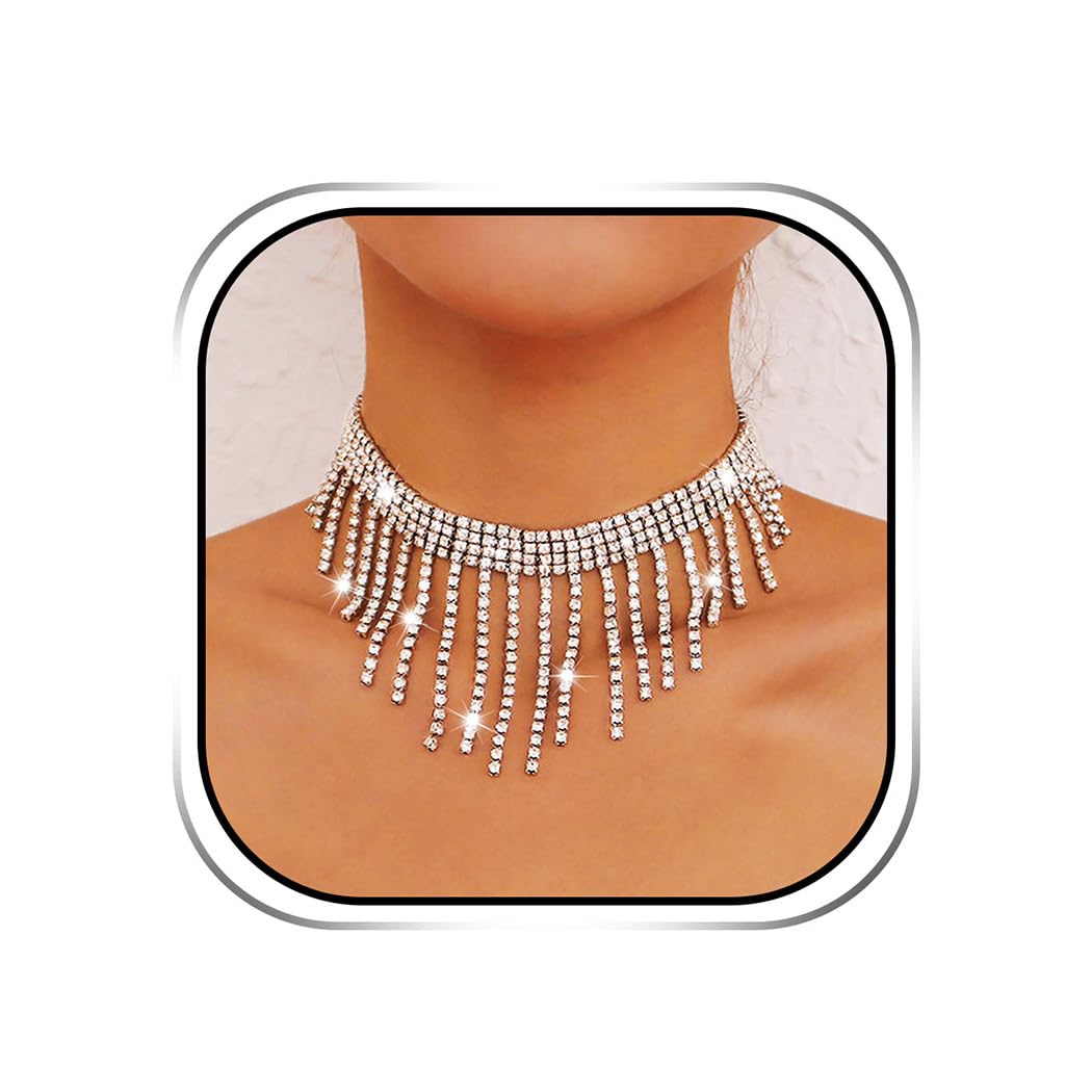 Sixexey Rhinestone Choker Necklaces Silver Neck Chain Sparkly Tassel Necklace Dainty Party Prom Necklace Jewelry for Women