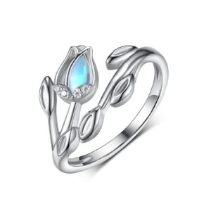 SCZKLAQ Moonstone Flower Rings for Women 925 Sterling Silver Moonstone Rings Adjustable Moonstone Ring Jewelry Gifts for Women