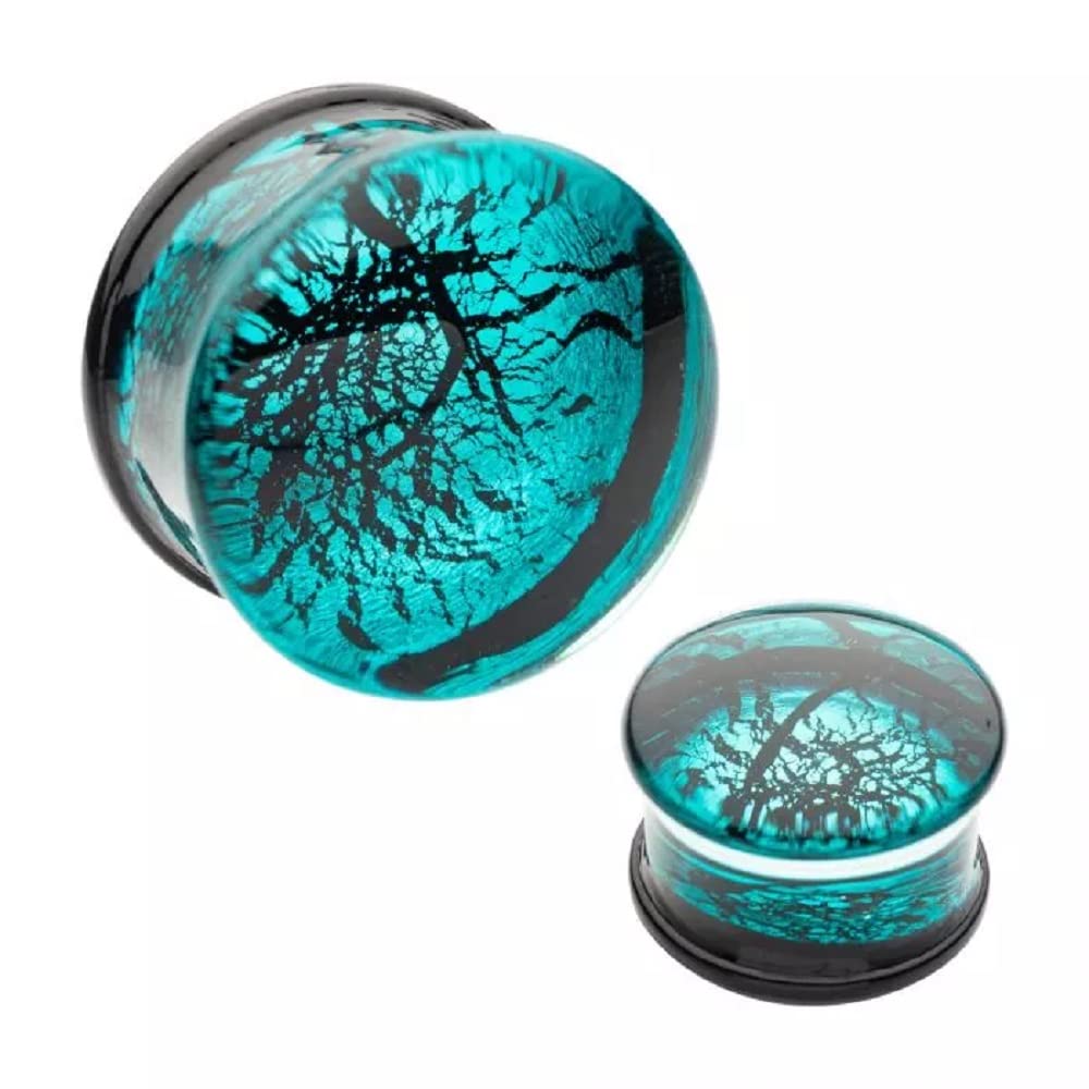 Pierced Owl Blue Cracked Web Design Glass Double Flared Plugs, Sold As Pair (8mm (5/16"))