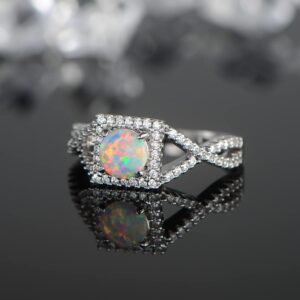 Gemsme 18K White Gold Plated Square White Fire Opal Ring Halo Engagement Birthstone Rings for Women (8)