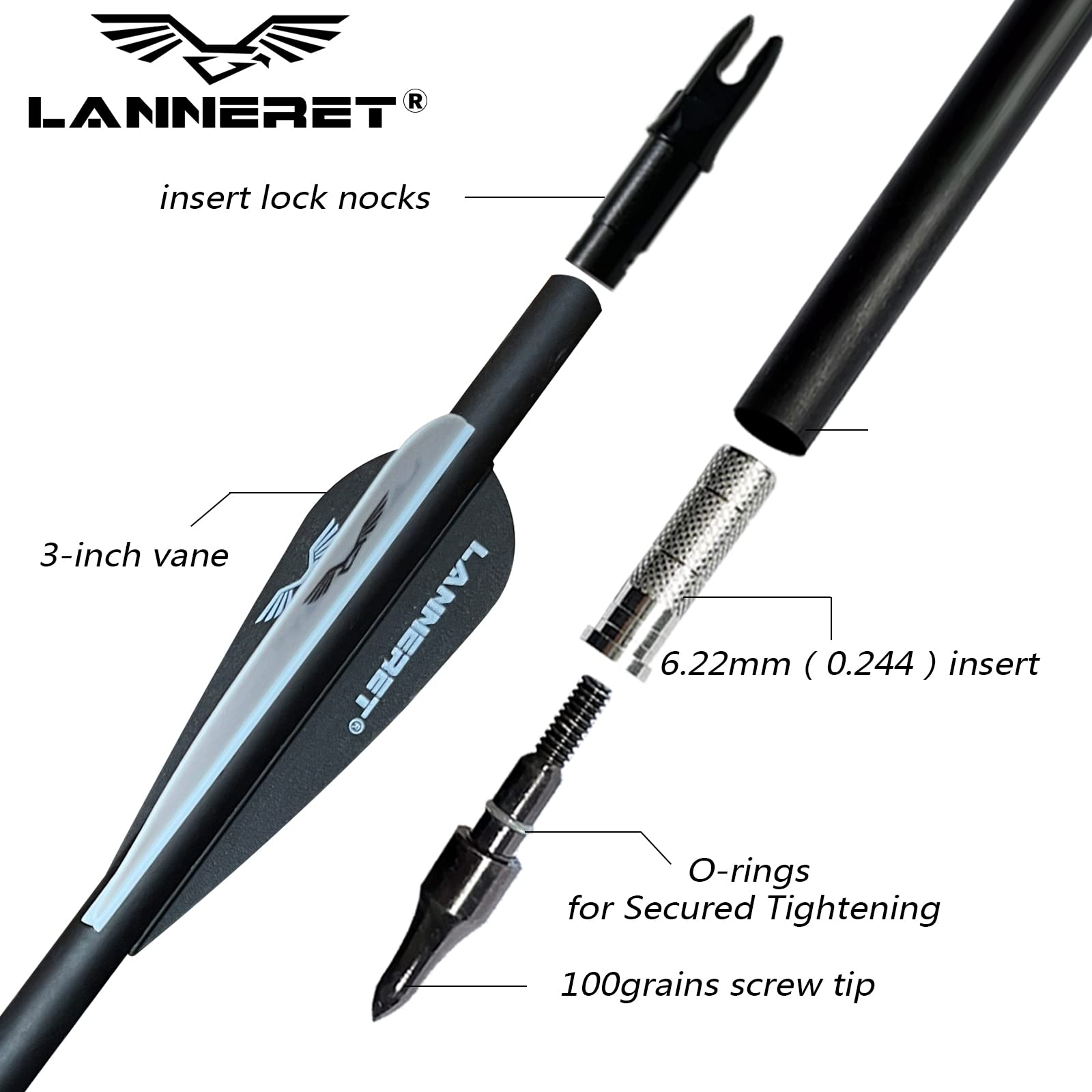 Lanneret Archery Carbon Arrows for Compound & Recurve Bows，32Inch Carbon Practice Bow Arrow with Removable for Youth Compound & Recurve Bow Target (Pack of 12) Black