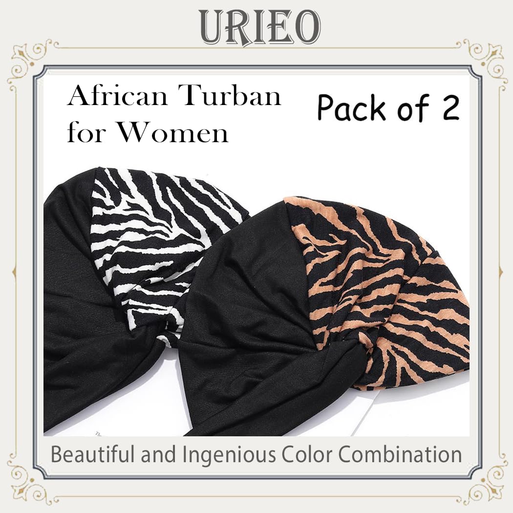 Urieo 2 pieces Leopard Print Headwrap African Knot Head Wrap Pre-tied Turban Bonnet for Women Black