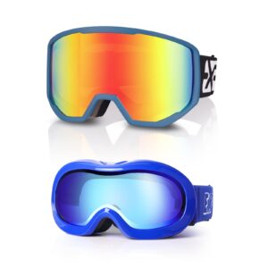 EXP VISION Ski Goggles Anti-Fog Child Snowboard Goggles with UV Protection, Over The Glasses Snow Goggles for Adult Kids (Red Adult ski goggles & Blue Kids Ski Goggles)