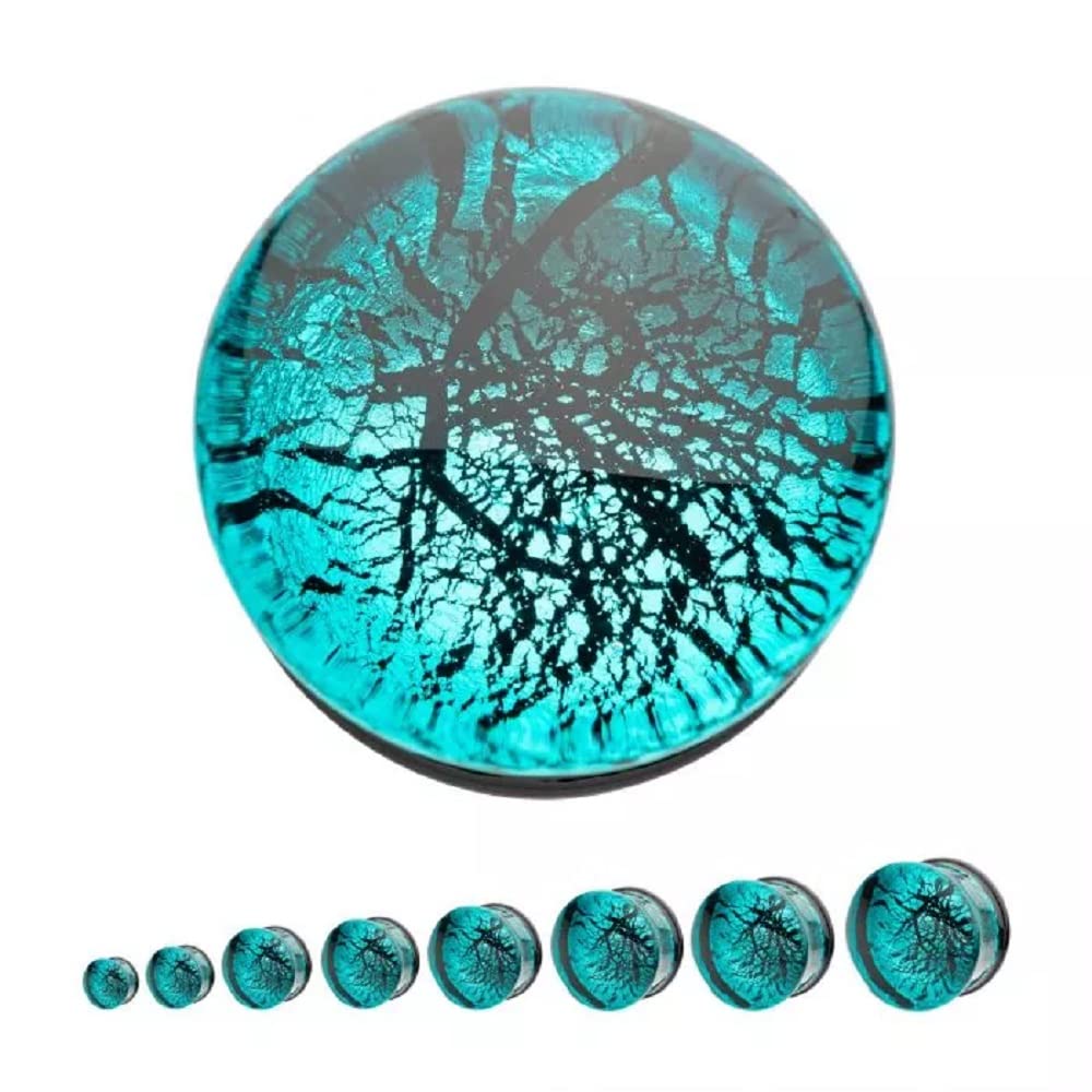 Pierced Owl Blue Cracked Web Design Glass Double Flared Plugs, Sold As Pair (8mm (5/16"))