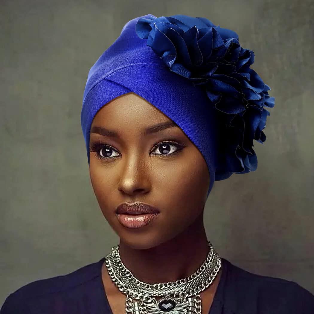 Urieo Flower Afican Turban Headwrap Vintage Beanie Head Scarf Elastic Head Warp for Women (Blue)