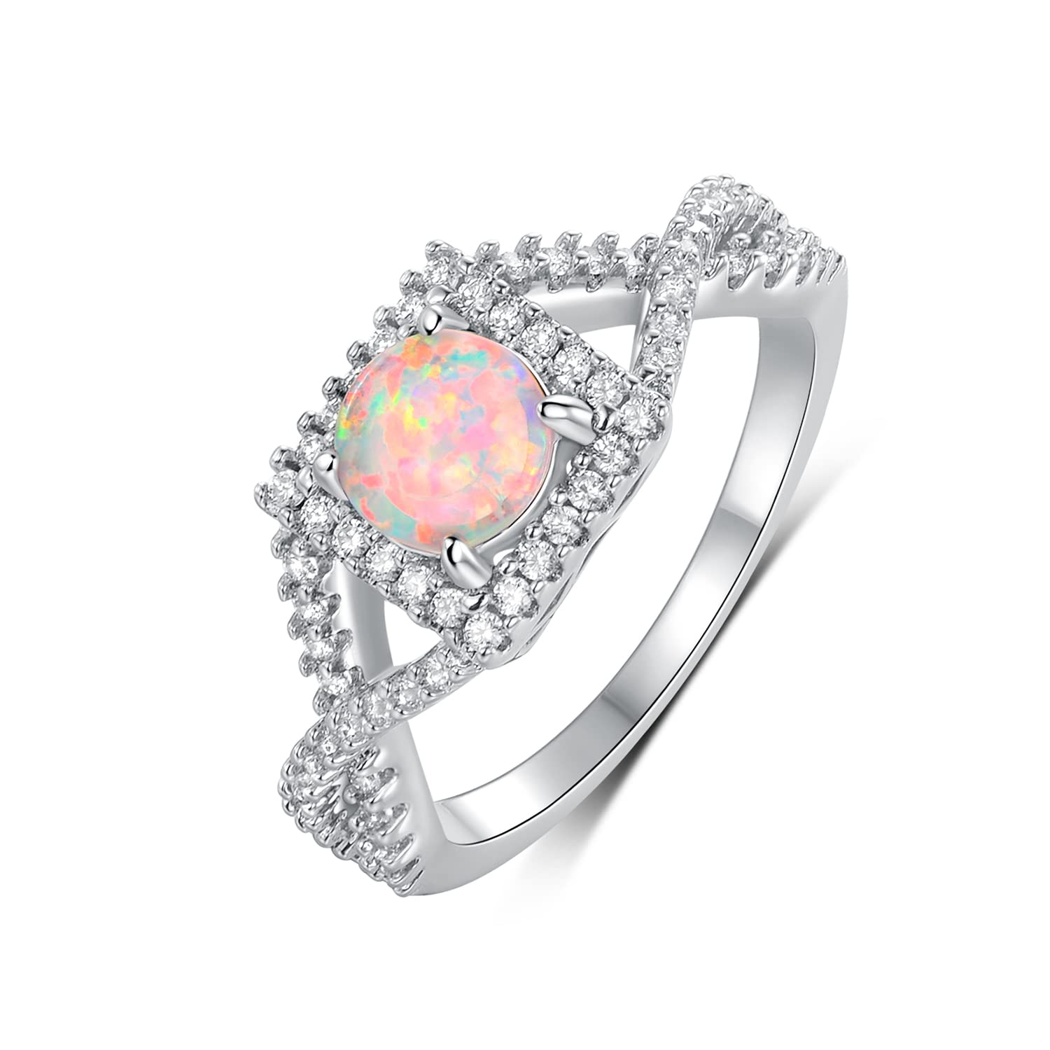 Gemsme 18K White Gold Plated Square White Fire Opal Ring Halo Engagement Birthstone Rings for Women (8)