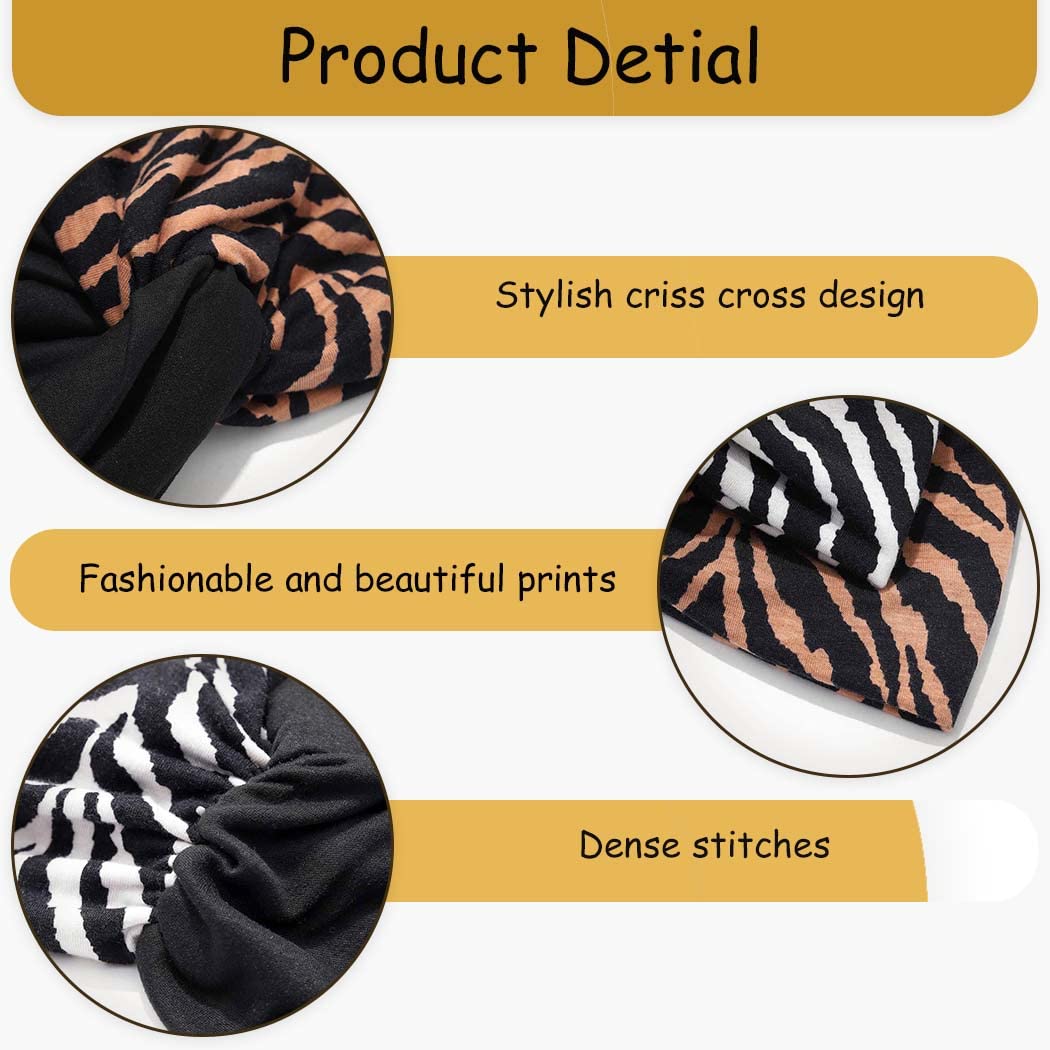 Urieo 2 pieces Leopard Print Headwrap African Knot Head Wrap Pre-tied Turban Bonnet for Women Black