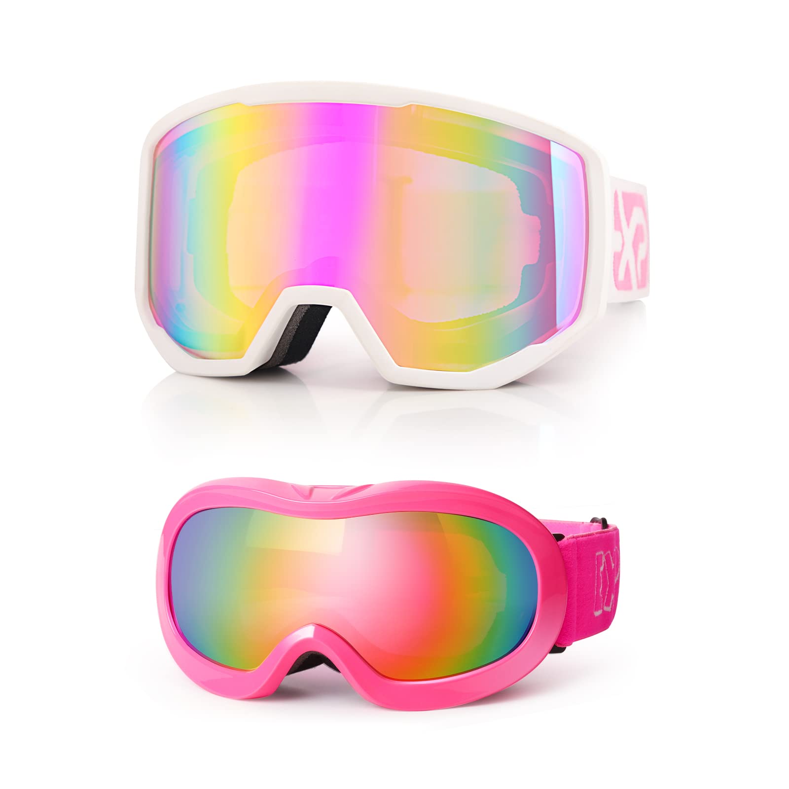 EXP VISION Ski Goggles Anti-Fog Child Snowboard Goggles with UV Protection, Over The Glasses Snow Goggles for Adult Kids (Pink Set)