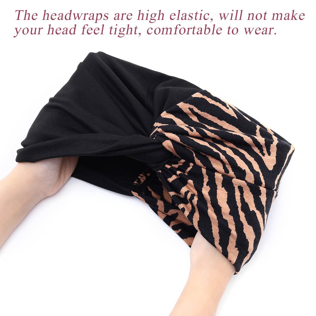 Urieo 2 pieces Leopard Print Headwrap African Knot Head Wrap Pre-tied Turban Bonnet for Women Black