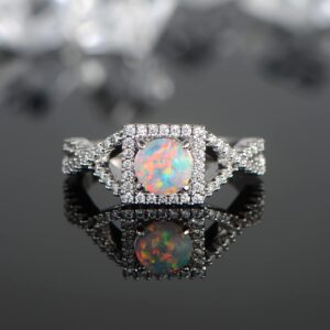 Gemsme 18K White Gold Plated Square White Fire Opal Ring Halo Engagement Birthstone Rings for Women (8)