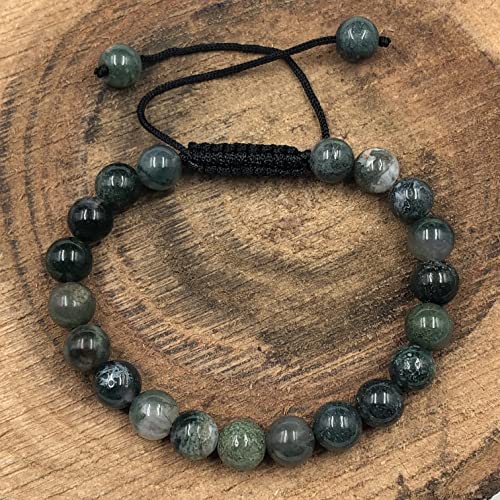 SHNAYA JEWELS AAA MOSS AGATE Natural Healing Power Gemstone Crystal Beads Unisex Adjustable Macrame Bracelets 8mm