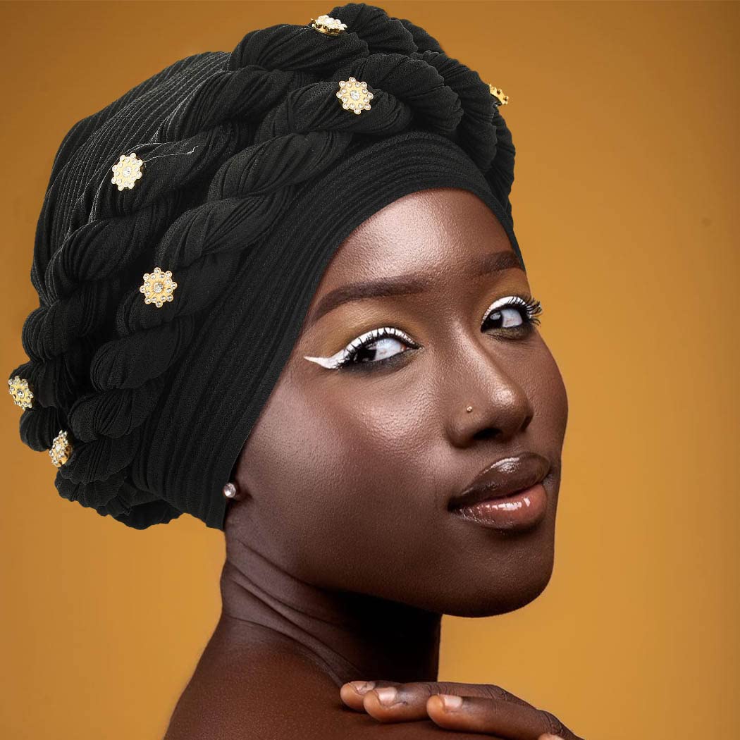 Urieo African Turban Head Warp Twisted Braid Headwarp Soft Pre-Tied Head Cover Flower Headscarf for Women