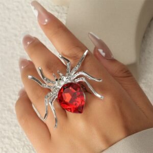 NUAYA Gothic Spider Ring for Woman Charm Punk Aesthetic Grunge Halloween Ring Vintage Cool Stuff Party Designer Jewelry Anillos Mujer (Red)