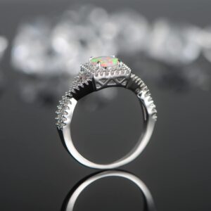 Gemsme 18K White Gold Plated Square White Fire Opal Ring Halo Engagement Birthstone Rings for Women (8)