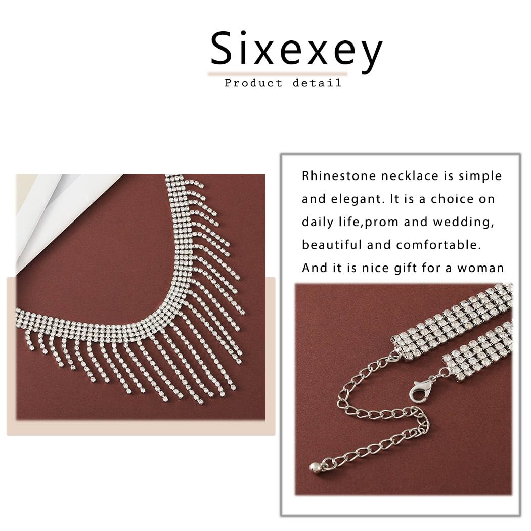 Sixexey Rhinestone Choker Necklaces Silver Neck Chain Sparkly Tassel Necklace Dainty Party Prom Necklace Jewelry for Women