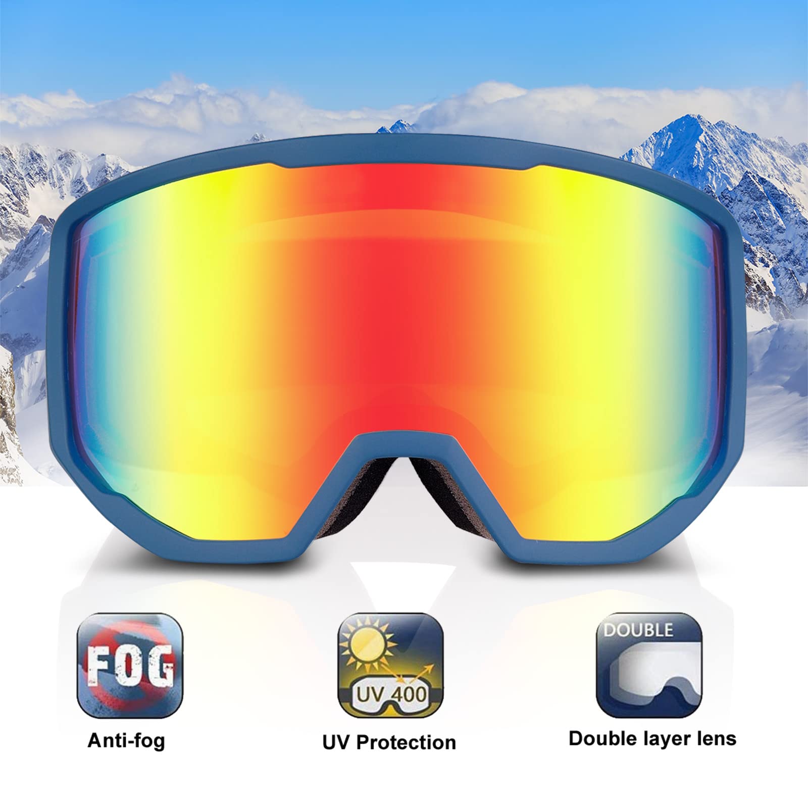 EXP VISION Ski Goggles Anti-Fog Child Snowboard Goggles with UV Protection, Over The Glasses Snow Goggles for Adult Kids