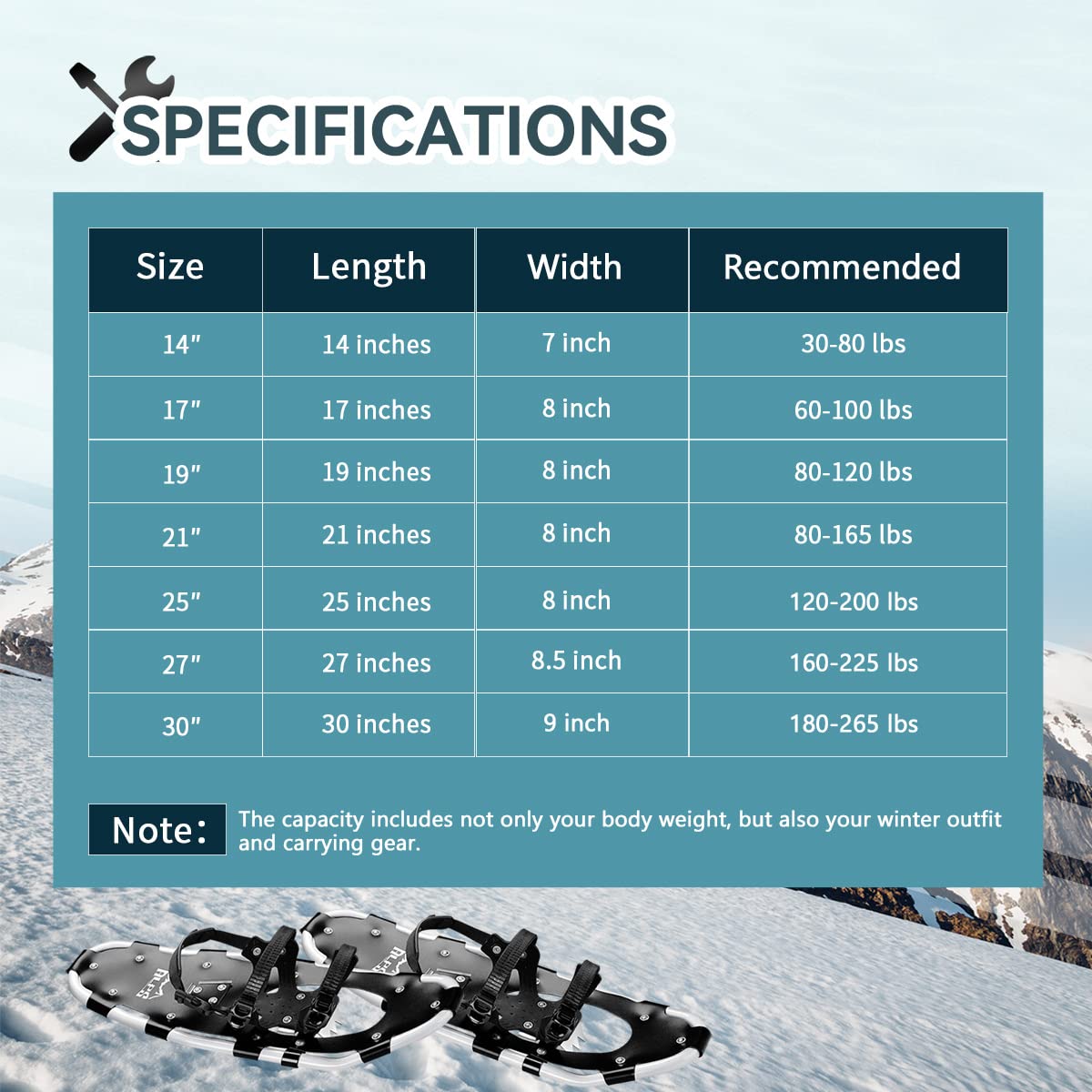 ALPS 14/17/21/25/30 Inch Lightweight Snowshoes for Women Men Youth, Light Weight Aluminum Alloy Terrain Snow Shoes with Free Carrying Tote Bag