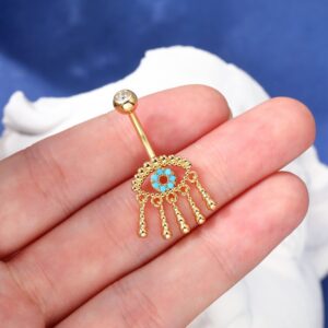 COCHARM Evil Eye Belly Button Rings Dangling 18K Gold Plated Belly Rings for Women 14g Dangle Belly Button Piercing Gold Turquoise Eye Belly Button Jewelry Cute Navel Rings