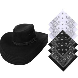 Janmercy 6 Sets Cowboy Hat and Paisley Bandana DIY Cowgirl Hat for Women Men Halloween Costume Party Hat(Black, White, Curved)