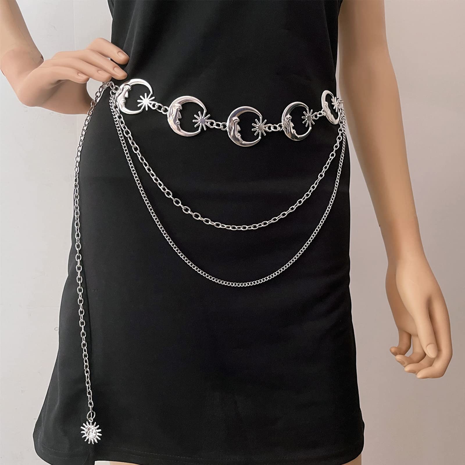 Chain Belt for Women Girls Vintage Thick Waist Chain Belt Belly Body Chain (Moon,Silver, Alloy)