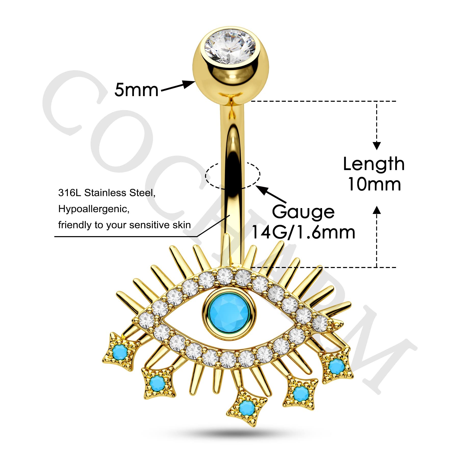 COCHARM Evil Eye Belly Button Ring Gold 14 Gauge Belly Button Rings 10MM Belly Rings for Women