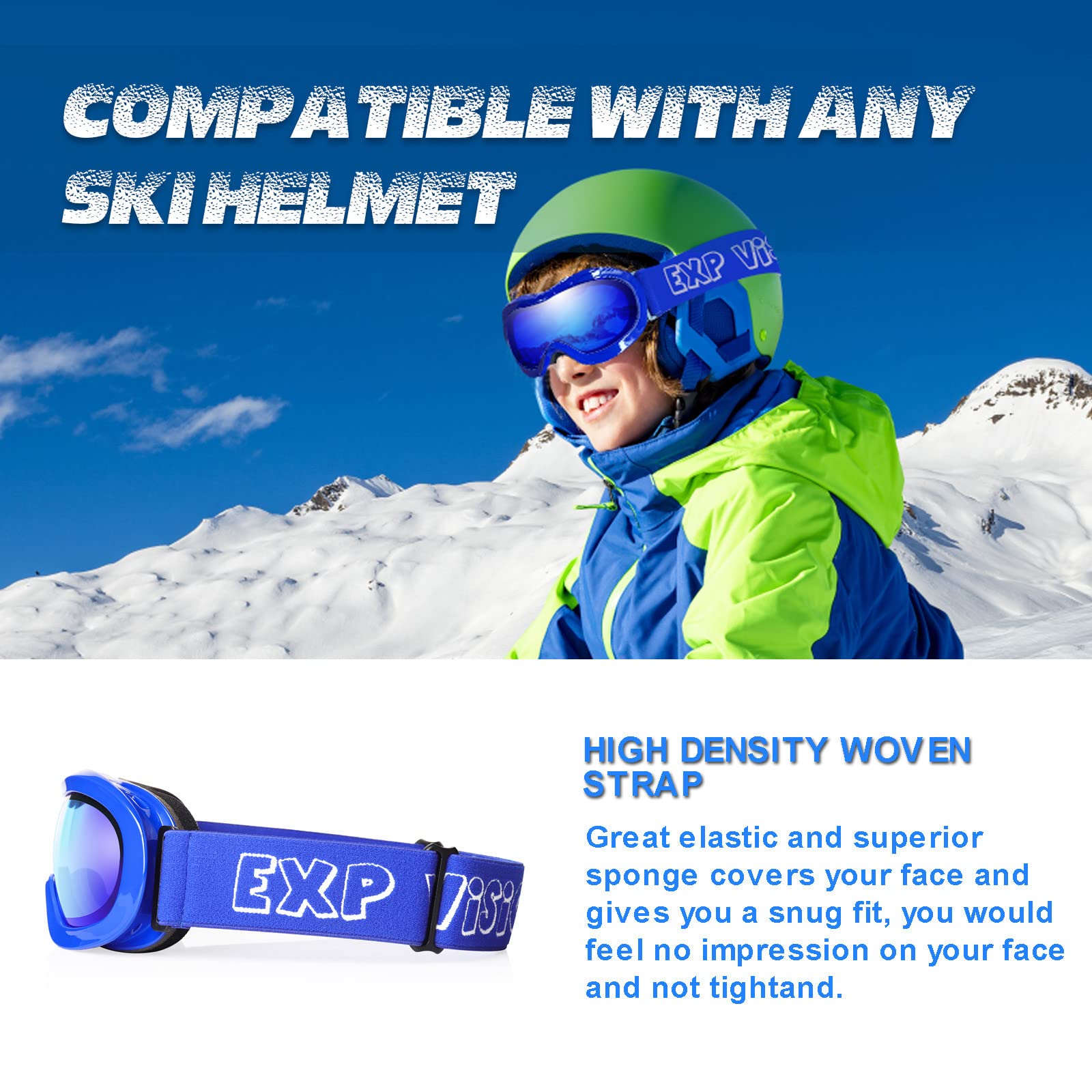 EXP VISION Ski Goggles Anti-Fog Child Snowboard Goggles with UV Protection, Over The Glasses Snow Goggles for Adult Kids (Red Adult ski goggles & Blue Kids Ski Goggles)