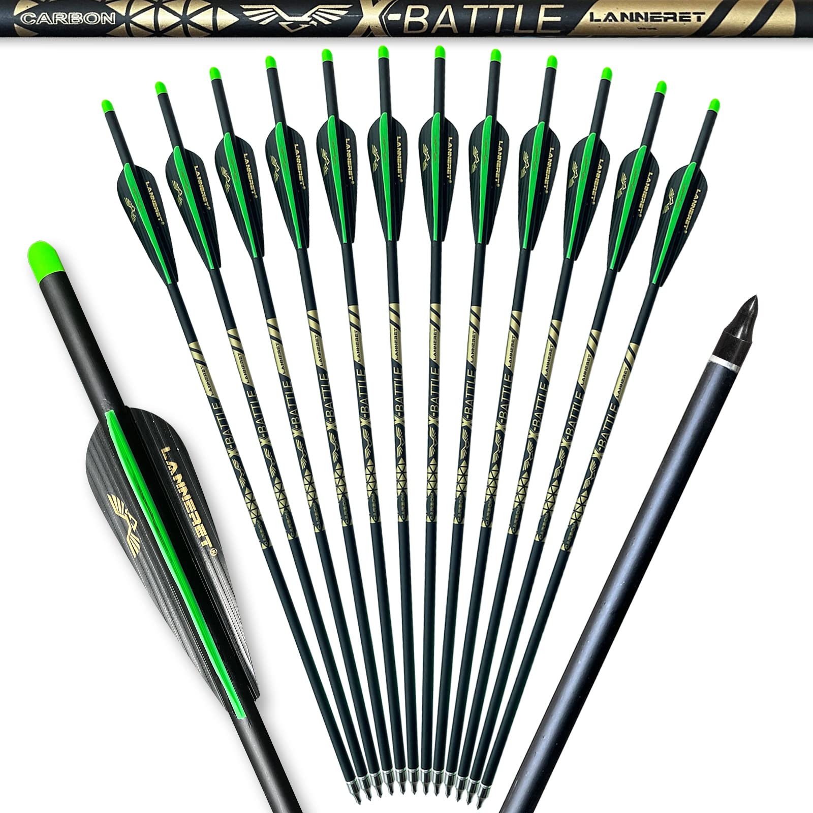 Lanneret Carbon Crossbow Bolts 20-Inch Arrows Bolt Crossbolt Fletched 4 Inch Vane with Field Point (Pack of12) Black