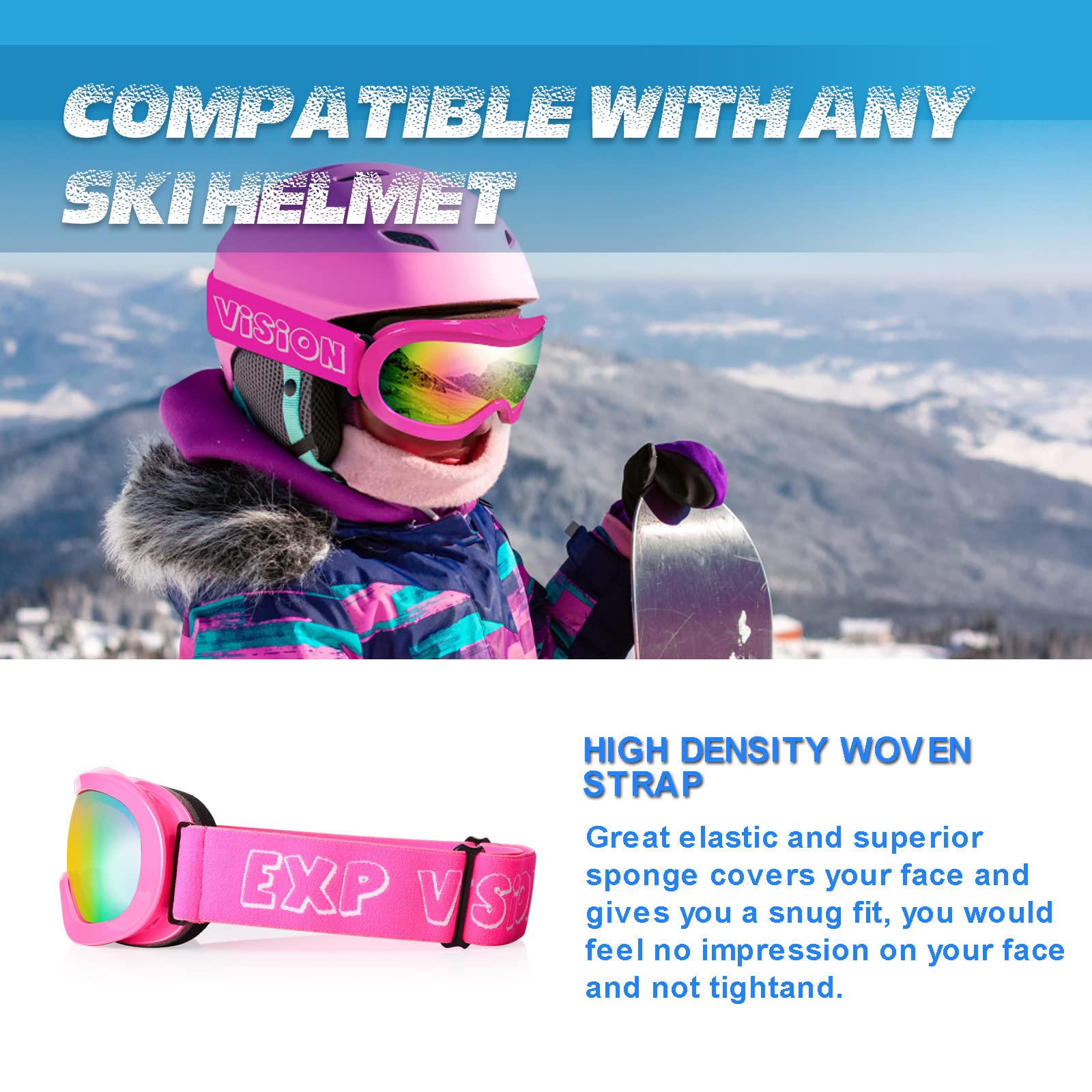 EXP VISION Ski Goggles Anti-Fog Child Snowboard Goggles with UV Protection, Over The Glasses Snow Goggles for Adult Kids (Pink Set)