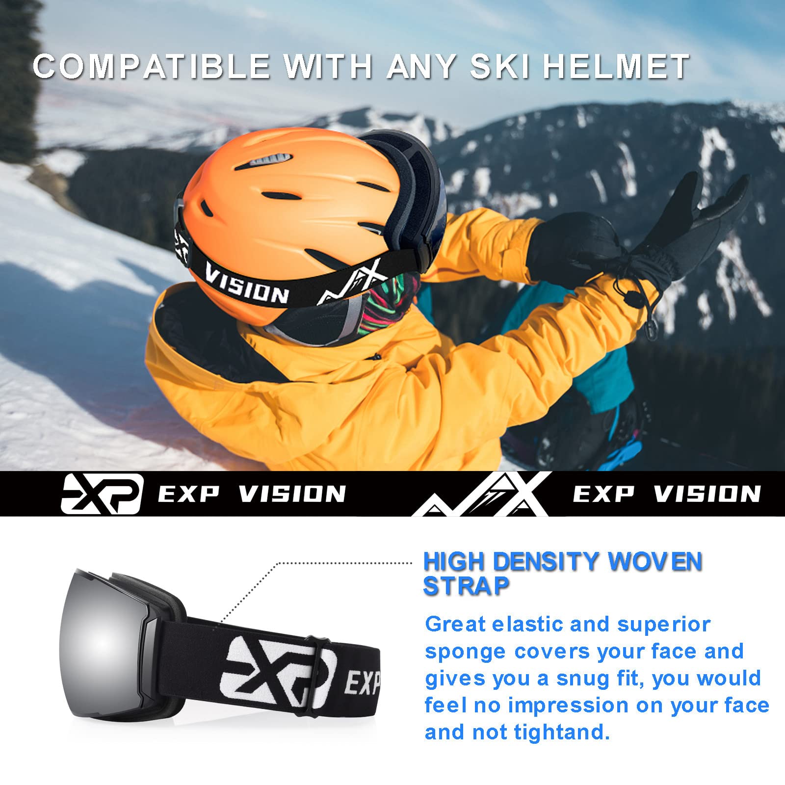 EXP VISION Ski Goggles Anti-Fog Adult Snowboard Goggles with UV Protection, Over The Glasses Snow Goggles