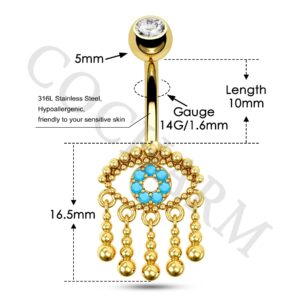 COCHARM Evil Eye Belly Button Rings Dangling 18K Gold Plated Belly Rings for Women 14g Dangle Belly Button Piercing Gold Turquoise Eye Belly Button Jewelry Cute Navel Rings