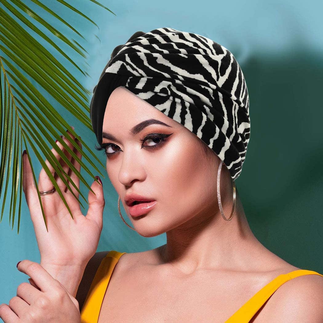 Urieo 2 pieces Leopard Print Headwrap African Knot Head Wrap Pre-tied Turban Bonnet for Women Black