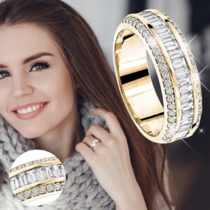 Three Rows Simulated Diamond Wedding Band Ring 14K Gold Cubic Zirconia Ring for Women