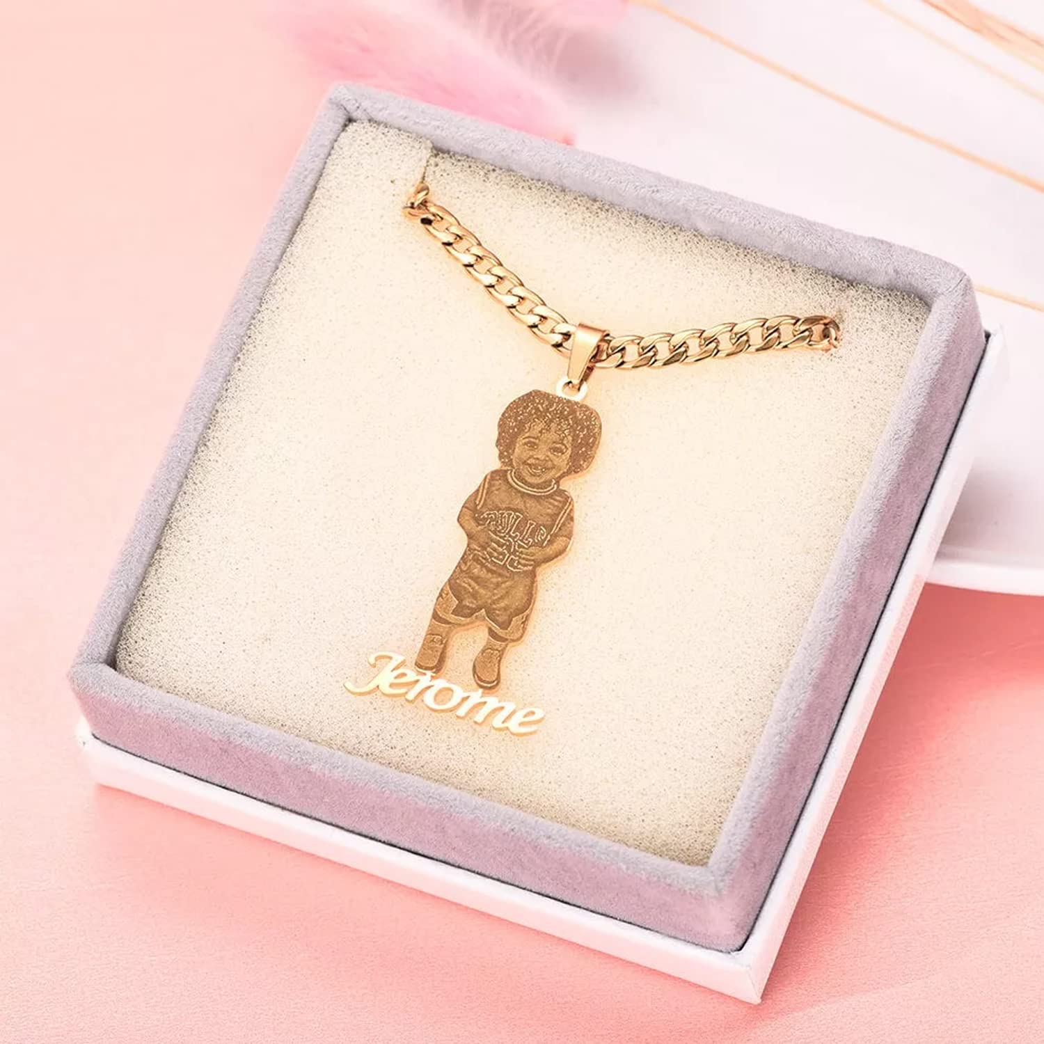 Gemiac Custom Photo Name Necklace Personalized Picture Necklace Gold Plated Nameplate Necklace Initial Custom Jewelry Birthday Gift for Women